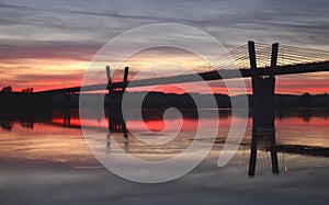 Picturesque sunset, view on bridge over Vistula river in Kwidzyn in Poland