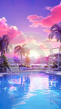 A picturesque swimming pool under a vivid sky, exuding a cute purple style