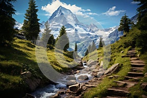 Picturesque Swiss alps path landscape. Generate Ai