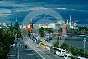 Picturesque tourist view of the Moscow Kremlin with the bridge over the Moscow river