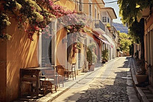 Picturesque and touristy cobbled street in Greece. Ai generated photo