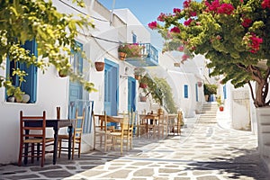 Picturesque and touristy cobbled street in Greece. Ai generated photo