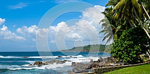 Picturesque tropical beach with palm trees on the shore. Wide photo