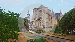 Picturesque urban landscape with a view of the majestic Catholic Cathedral of St. Waltrude in the small town of Mons