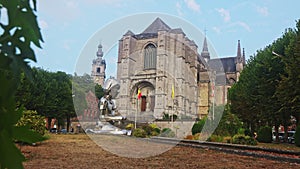 Picturesque urban landscape with a view of the majestic Catholic Cathedral of St. Waltrude in the small town of Mons