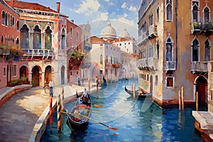 picturesque venetian canal with gondola and historic architecture in vibrant oil painting style