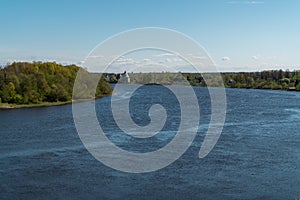 Picturesque view of the ancient Russian river Volkhov and Old Ladoga from the height of Oleg`s mound