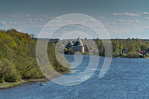 Picturesque view of the ancient Russian river Volkhov and Old Ladoga from the height of Oleg`s mound