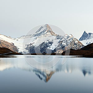 Picturesque view on Bachalpsee lake in Swiss Alps mountains