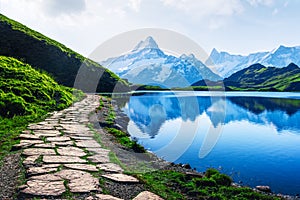 Picturesque view on Bachalpsee lake in Swiss Alps mountains