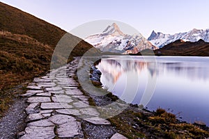 Picturesque view on Bachalpsee lake in Swiss Alps mountains