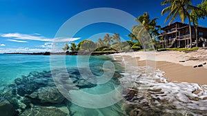 A picturesque view of the beach, where the ocean water plays with shades from turquoise to sapphir photo