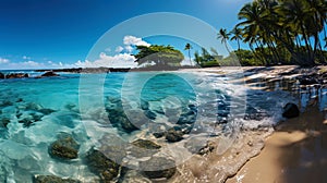 A picturesque view of the beach, where the ocean water plays with shades from turquoise to sapphir photo