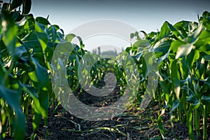 A picturesque view on a beautiful summer day of a cornfield with young green rows of corn stretching into the distance