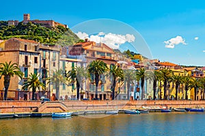 Picturesque view of Bosa town along Temo River in Sardinia, Italy