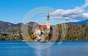 Picturesque view of church on an island at Lake Bled, Slovenia