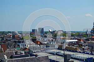 Picturesque view of city with beautiful buildings under blue sky