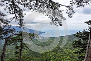 Picturesque view of the city of Yalta and the Black Sea from Ai-Petri mountain in Crimea. Mountain landscape with trees