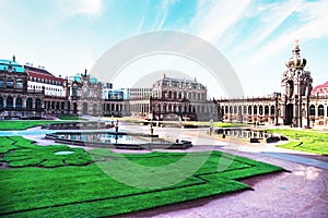 The picturesque view of the complex Zwinger in Dresden. Saxony, Germany
