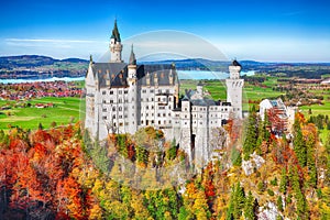 Picturesque view of famous Neuschwanstein Castle in autumn