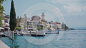 Picturesque view on Garda lake from Gardone Riviera. Lakefront of resort city