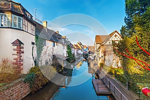 Picturesque view Half timbered houses at sunset Colmar France