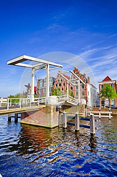 Picturesque View of Harlem Sight With Gravestenenbrug Bridge on Spaarne River On The Background At Noon
