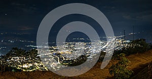 Picturesque view of Jaen, Peru's city skyline at night, illuminated with sparkling lights