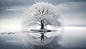 Picturesque view of leafless lonely tree growing and reflecting in lake
