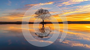 Picturesque view of leafless lonely tree growing and reflecting in tranquil lake on setting sun