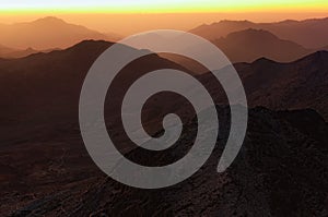 Picturesque view of Mount Sinai Mount Horeb, Gabal Musa, Moses Mount during sunrise. Sinai Peninsula of Egypt. Pilgrimage place