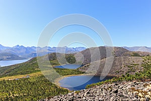 Picturesque view from the mountain to Anemone and Mechta Dream Lakes that are located 200 meters above the Jack London Lake