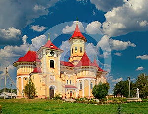 Picturesque view of New Church of Elijah built in 1914 in Moldavian-Byzantine style, Toporivtsi, Bukovina, Ukraine