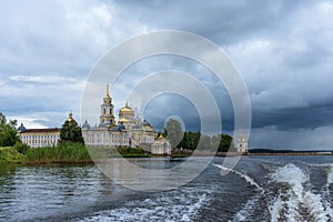 Picturesque view of Nilo Stolobensky Monastery on Lake Seliger, Tver region, Russia. Panoramic view of Nilo Stolobensky Monastery