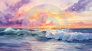 A picturesque view of ocean waves under a sunset, watercolor illustration