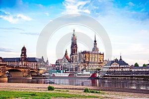 The picturesque view of old Dresden over the river Elbe in evening. Saxony, Germany, Europe