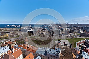 Aerial view over Tallinn historic city center.