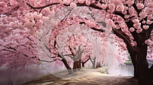 A picturesque view of pink cherry blossoms in bloom, creating a scene of natural beauty and tranquility.