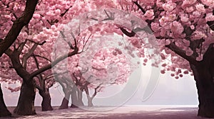 A picturesque view of pink cherry blossoms in bloom, creating a scene of natural beauty and tranquility.