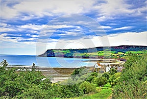 Picturesque view of Robin Hood`s Bay and Ravenscar.