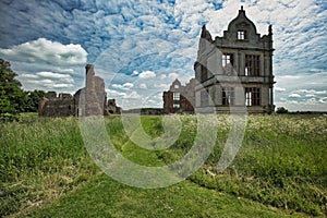 Picturesque view of the ruined medieval castle of Moreton Corbet in Shrewsbury, England