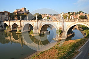 Picturesque view of Saint Angel Bridge over the Tiber river in Rome, Italy