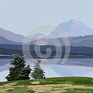 Picturesque view from the shore of the lake to the mountains reflected in it under a blue sky