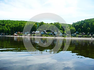 A picturesque view of the shore of the Volga, taken from the boat