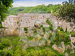 Picturesque view of Sorano, tuff mediaeval village in Tuscany, Italy