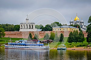Picturesque view of the Veliky Novgorod Kremlin with the Volkhov river