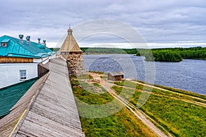 Picturesque view from wall of ancient Solovetsky monastery to Solovki island and White sea in Arkhangelsk region, Russia. Amazing