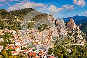 The picturesque village of Castelmezzano, province of Potenza, Basilicata, Italy. Cityscape aerial view of medieval city of photo