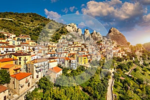The picturesque village of Castelmezzano, province of Potenza, Basilicata, Italy. Cityscape aerial view of medieval city of photo