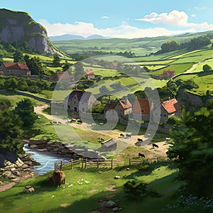 A picturesque village in a lush hilly grassy landscape